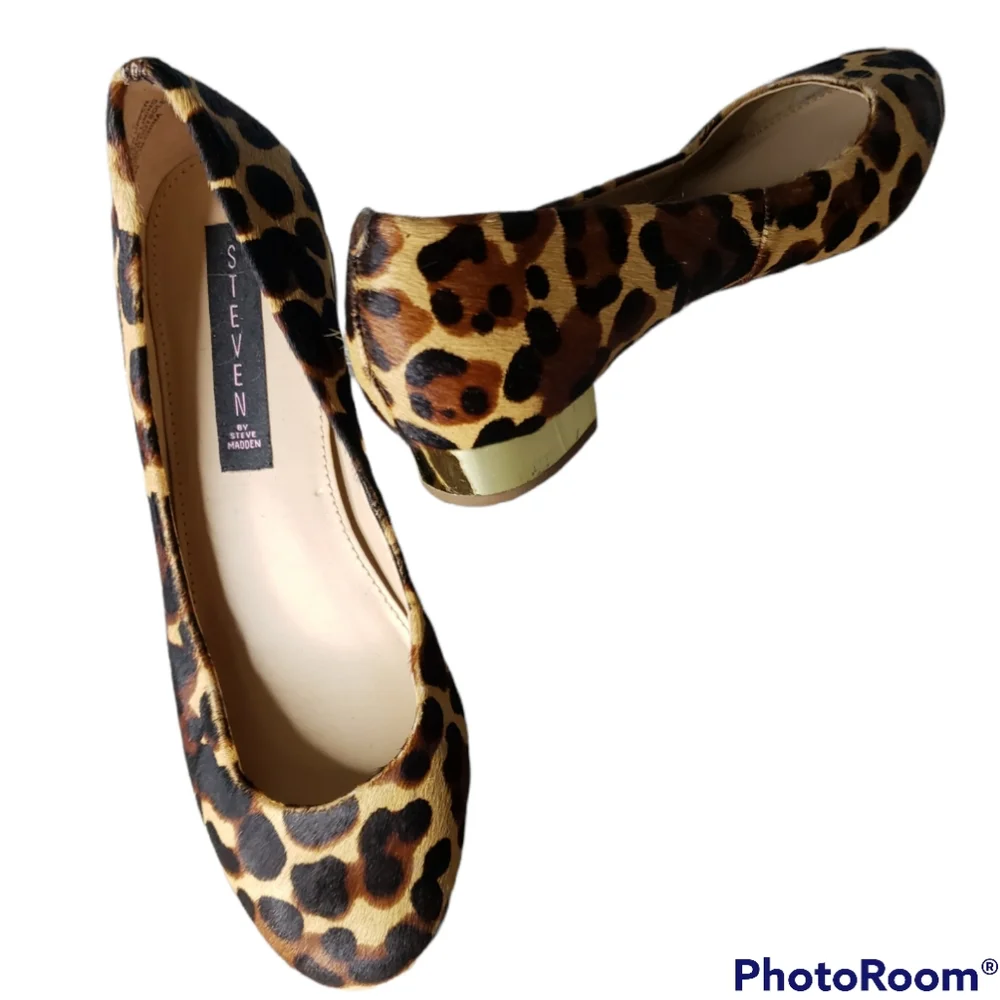 Steven Paigge Leopard Calfskin Flats Gold Heel  Animal Mob Wife Leather Size 7.5